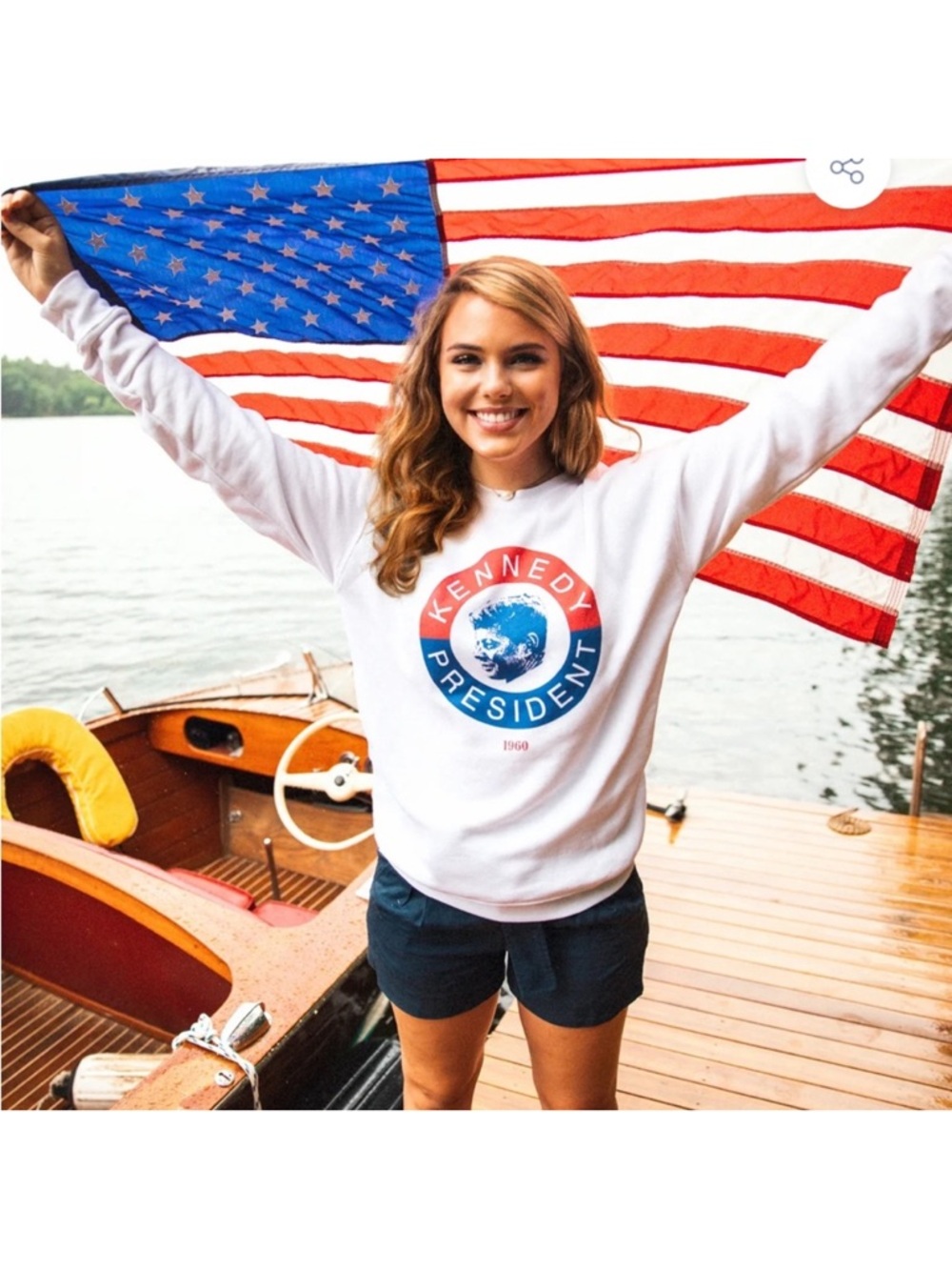 Kiel James Patrick White Crewneck with Red & Blue Kennedy President Graphic
